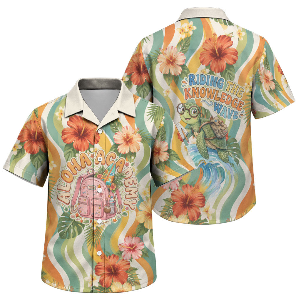 Hawaii Aloha Academy Back To School Family Matching Off The Shoulder Long Sleeve Dress and Hawaiian Shirt Sea Turtle Tropical Hibiscus Flowers Retro Psychedelic