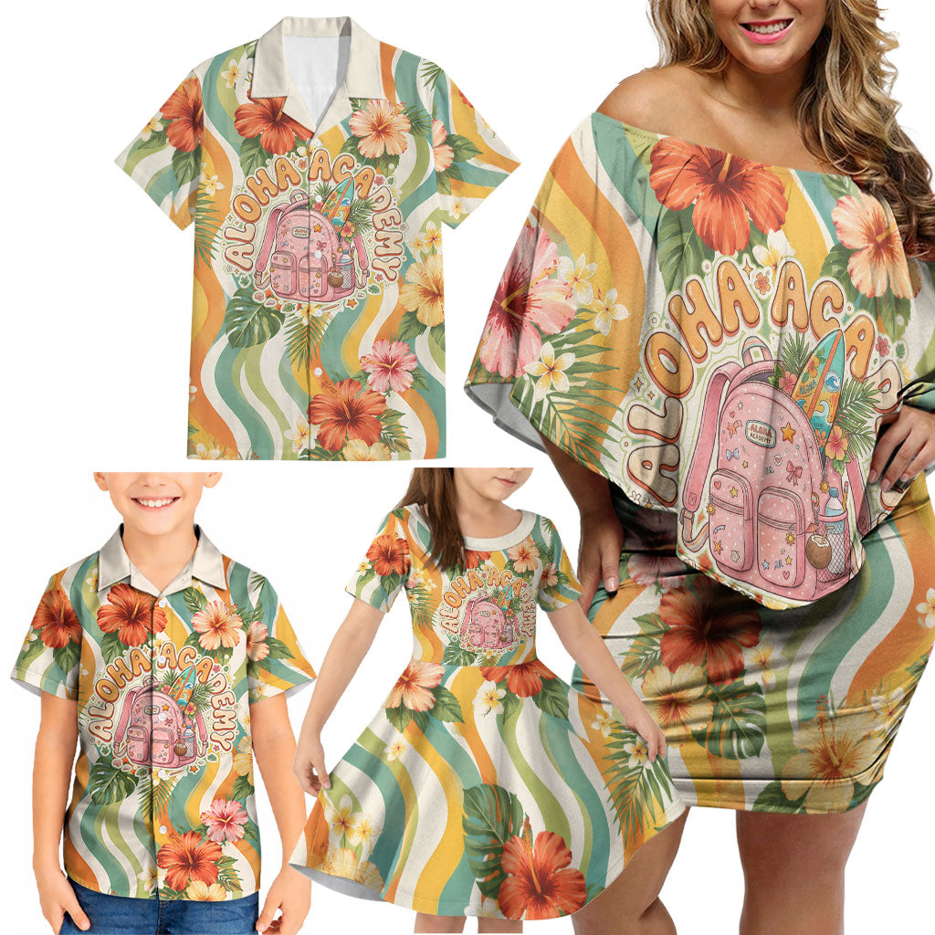 Hawaii Aloha Academy Back To School Family Matching Off Shoulder Short Dress and Hawaiian Shirt Sea Turtle Tropical Hibiscus Flowers Retro Psychedelic