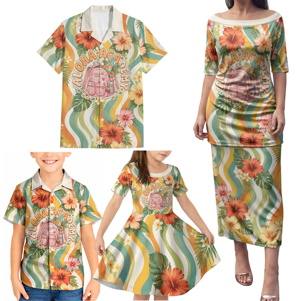 Hawaii Aloha Academy Back To School Family Matching Puletasi and Hawaiian Shirt Sea Turtle Tropical Hibiscus Flowers Retro Psychedelic
