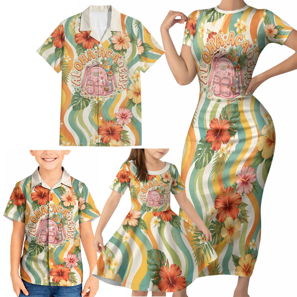 Hawaii Aloha Academy Back To School Family Matching Short Sleeve Bodycon Dress and Hawaiian Shirt Sea Turtle Tropical Hibiscus Flowers Retro Psychedelic