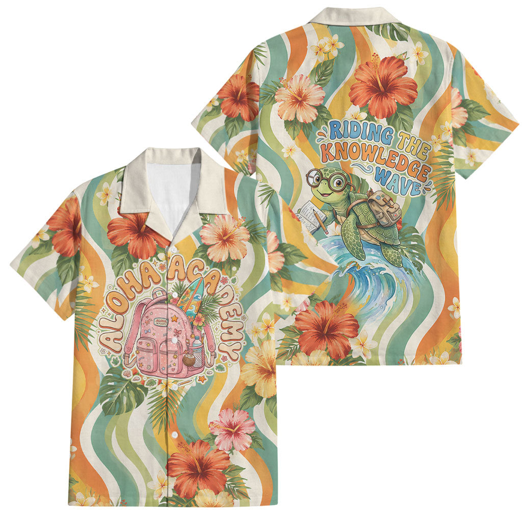 Hawaii Aloha Academy Back To School Family Matching Short Sleeve Bodycon Dress and Hawaiian Shirt Sea Turtle Tropical Hibiscus Flowers Retro Psychedelic