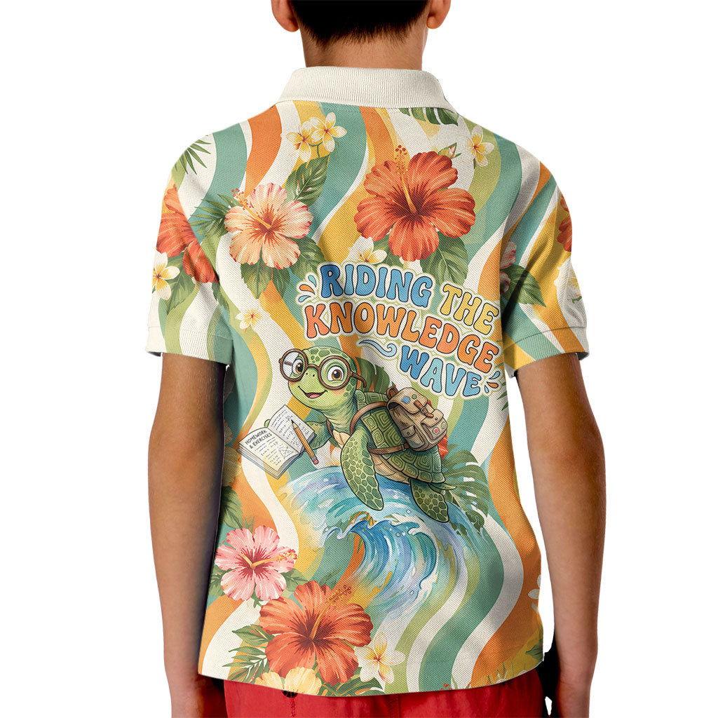Hawaii Aloha Academy Back To School Kid Polo Shirt Sea Turtle Tropical Hibiscus Flowers Retro Psychedelic