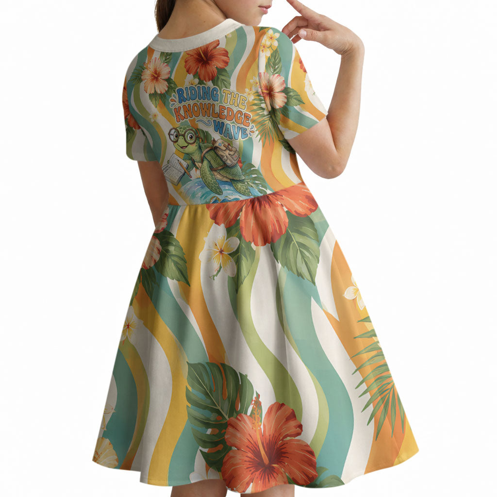 Hawaii Aloha Academy Back To School Kid Short Sleeve Dress Sea Turtle Tropical Hibiscus Flowers Retro Psychedelic