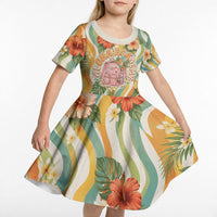 Hawaii Aloha Academy Back To School Kid Short Sleeve Dress Sea Turtle Tropical Hibiscus Flowers Retro Psychedelic