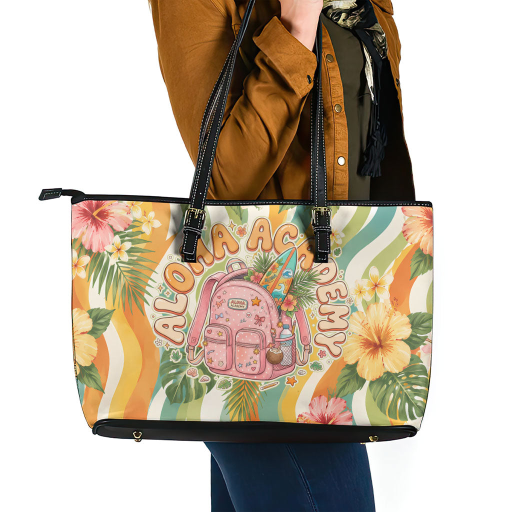 Hawaii Aloha Academy Back To School Leather Tote Bag Sea Turtle Tropical Hibiscus Flowers Retro Psychedelic