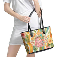 Hawaii Aloha Academy Back To School Leather Tote Bag Sea Turtle Tropical Hibiscus Flowers Retro Psychedelic
