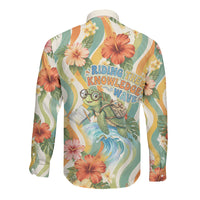 Hawaii Aloha Academy Back To School Long Sleeve Button Shirt Sea Turtle Tropical Hibiscus Flowers Retro Psychedelic