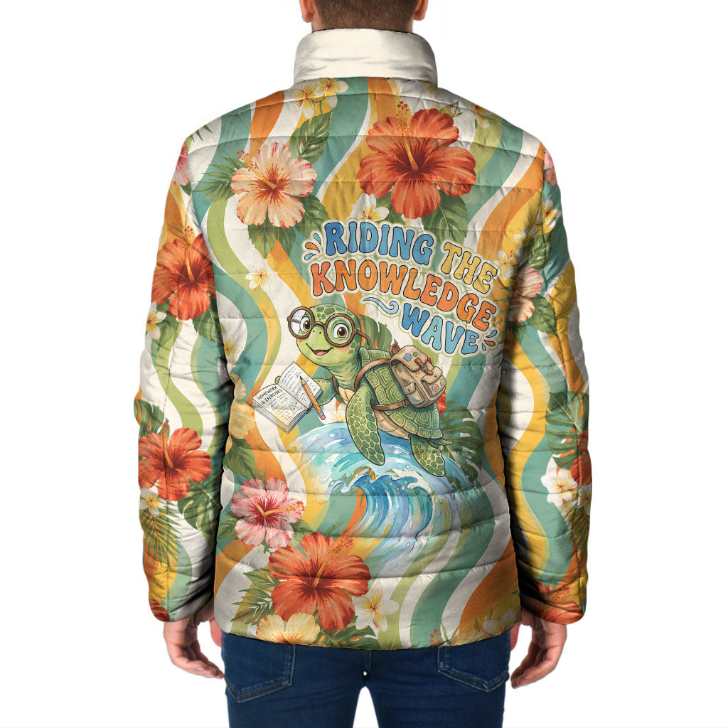 Hawaii Aloha Academy Back To School Padded Jacket Sea Turtle Tropical Hibiscus Flowers Retro Psychedelic