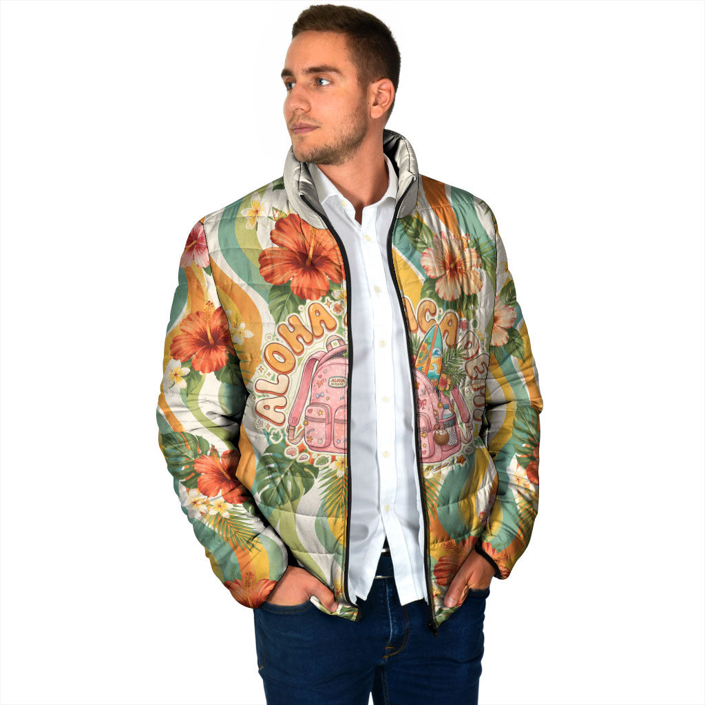 Hawaii Aloha Academy Back To School Padded Jacket Sea Turtle Tropical Hibiscus Flowers Retro Psychedelic