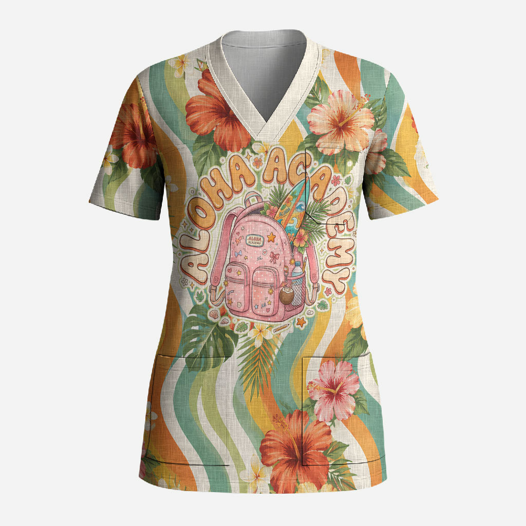 Hawaii Aloha Academy Back To School Scrub Top Sea Turtle Tropical Hibiscus Flowers Retro Psychedelic