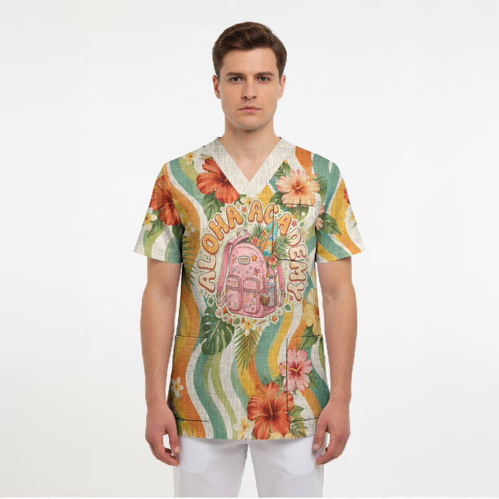 Hawaii Aloha Academy Back To School Scrub Top Sea Turtle Tropical Hibiscus Flowers Retro Psychedelic
