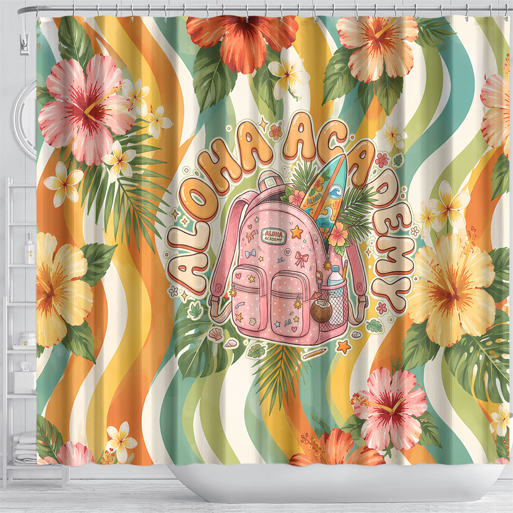 Hawaii Aloha Academy Back To School Shower Curtain Sea Turtle Tropical Hibiscus Flowers Retro Psychedelic