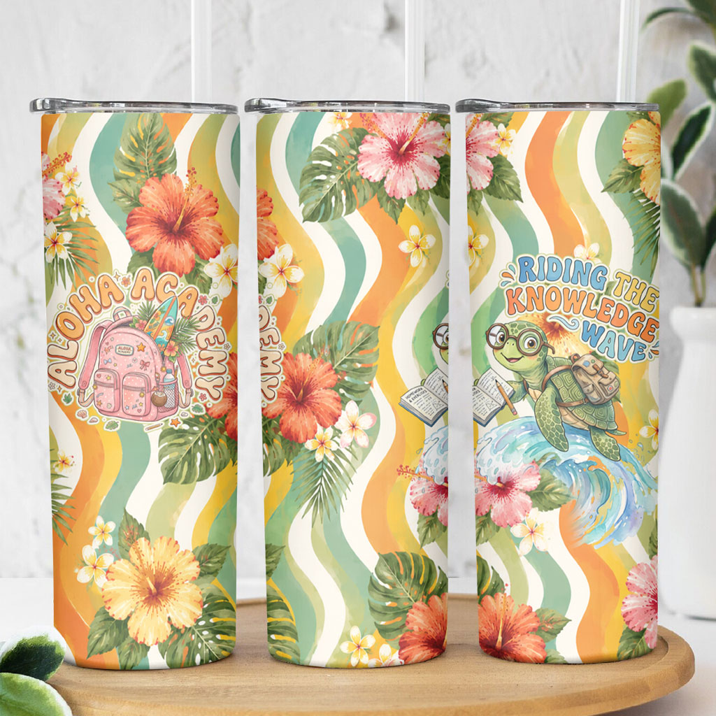 Hawaii Aloha Academy Back To School Skinny Tumbler Sea Turtle Tropical Hibiscus Flowers Retro Psychedelic
