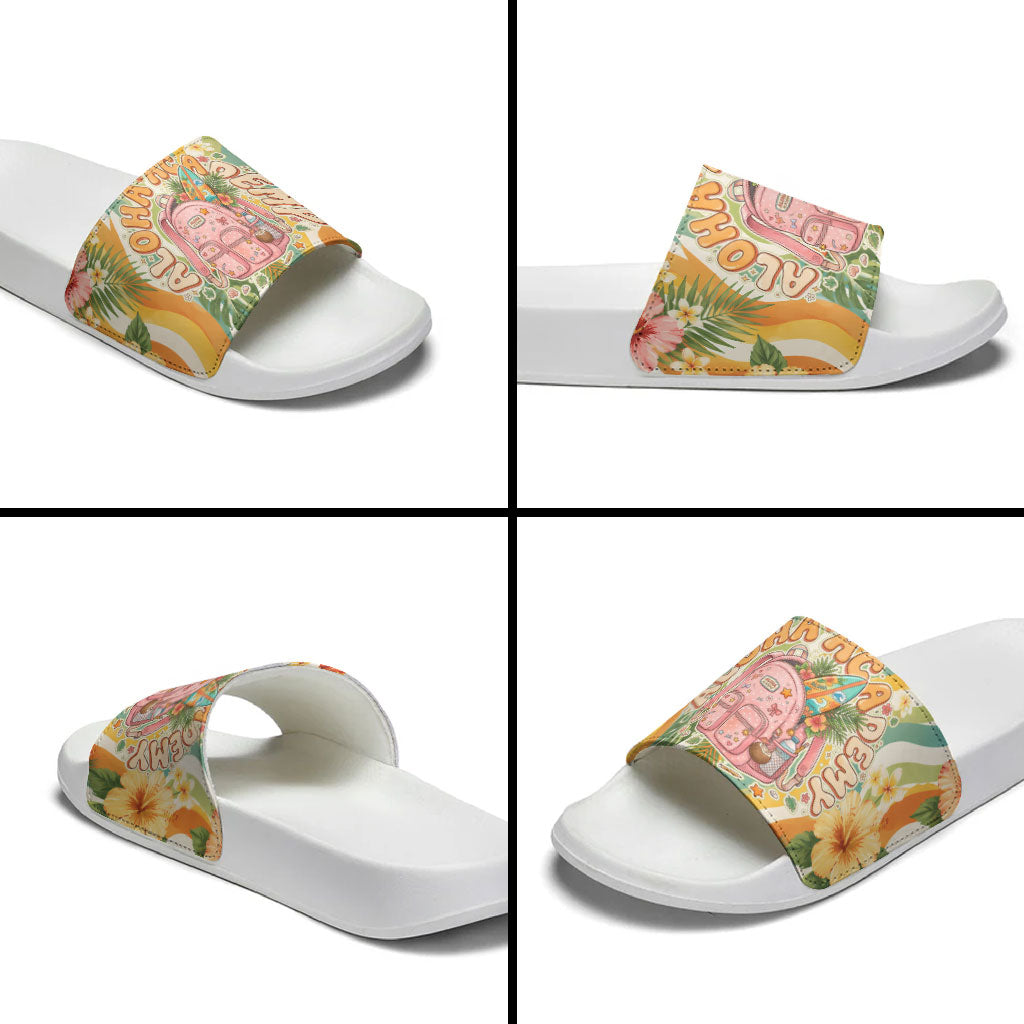 Hawaii Aloha Academy Back To School Slide Sandals Sea Turtle Tropical Hibiscus Flowers Retro Psychedelic
