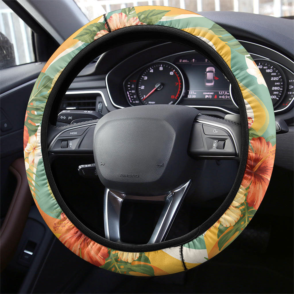 Hawaii Aloha Academy Back To School Steering Wheel Cover Sea Turtle Tropical Hibiscus Flowers Retro Psychedelic