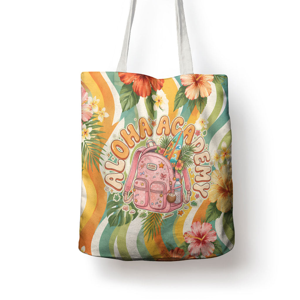 Hawaii Aloha Academy Back To School Tote Bag Sea Turtle Tropical Hibiscus Flowers Retro Psychedelic