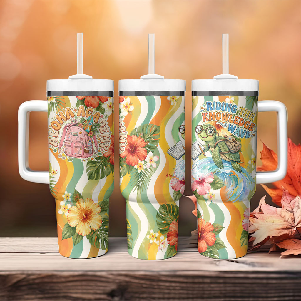 Hawaii Aloha Academy Back To School Tumbler With Handle Sea Turtle Tropical Hibiscus Flowers Retro Psychedelic