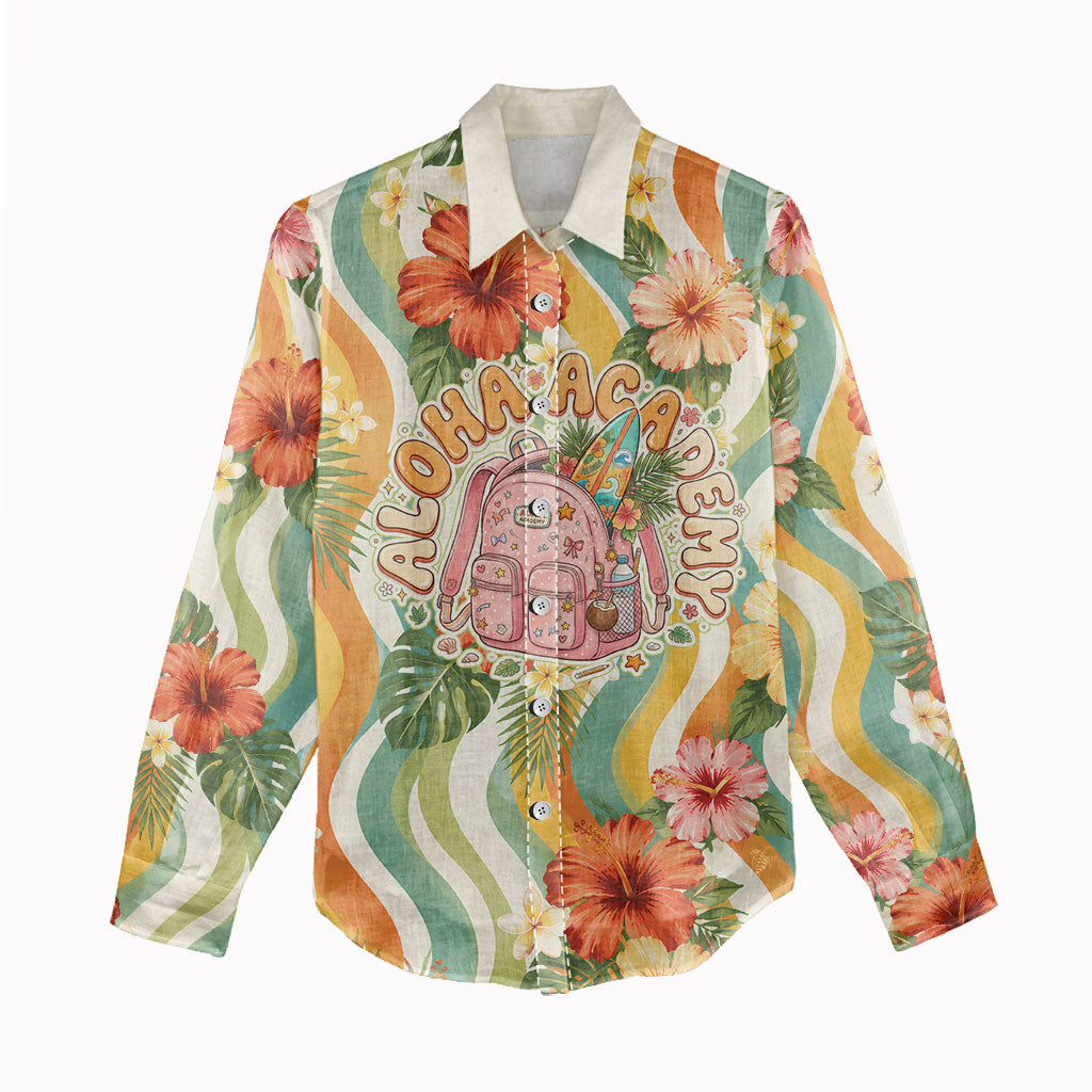 Hawaii Aloha Academy Back To School Women Casual Shirt Sea Turtle Tropical Hibiscus Flowers Retro Psychedelic
