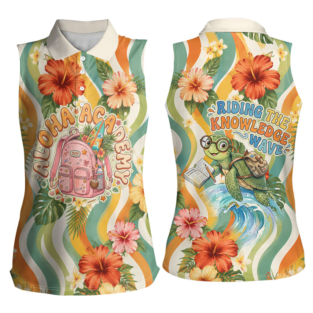 Hawaii Aloha Academy Back To School Women Sleeveless Polo Shirt Sea Turtle Tropical Hibiscus Flowers Retro Psychedelic