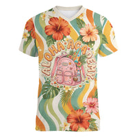 Hawaii Aloha Academy Back To School Women V-Neck T-Shirt Sea Turtle Tropical Hibiscus Flowers Retro Psychedelic