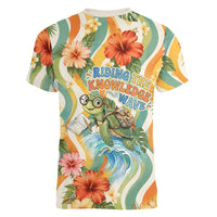 Hawaii Aloha Academy Back To School Women V-Neck T-Shirt Sea Turtle Tropical Hibiscus Flowers Retro Psychedelic