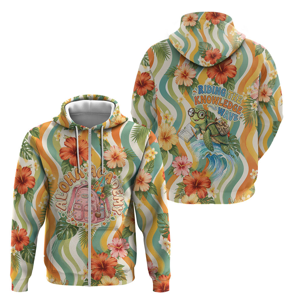 Hawaii Aloha Academy Back To School Zip Hoodie Sea Turtle Tropical Hibiscus Flowers Retro Psychedelic