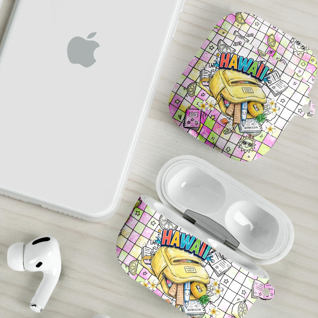 Hawaii Cruising Back To School AirPods Case Grid Pattern With School Bag And Vintage Surf Van