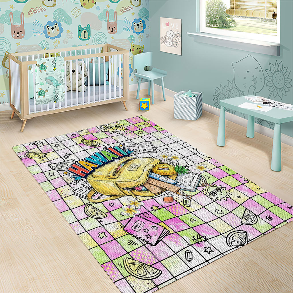Hawaii Cruising Back To School Area Rug Grid Pattern With School Bag And Vintage Surf Van