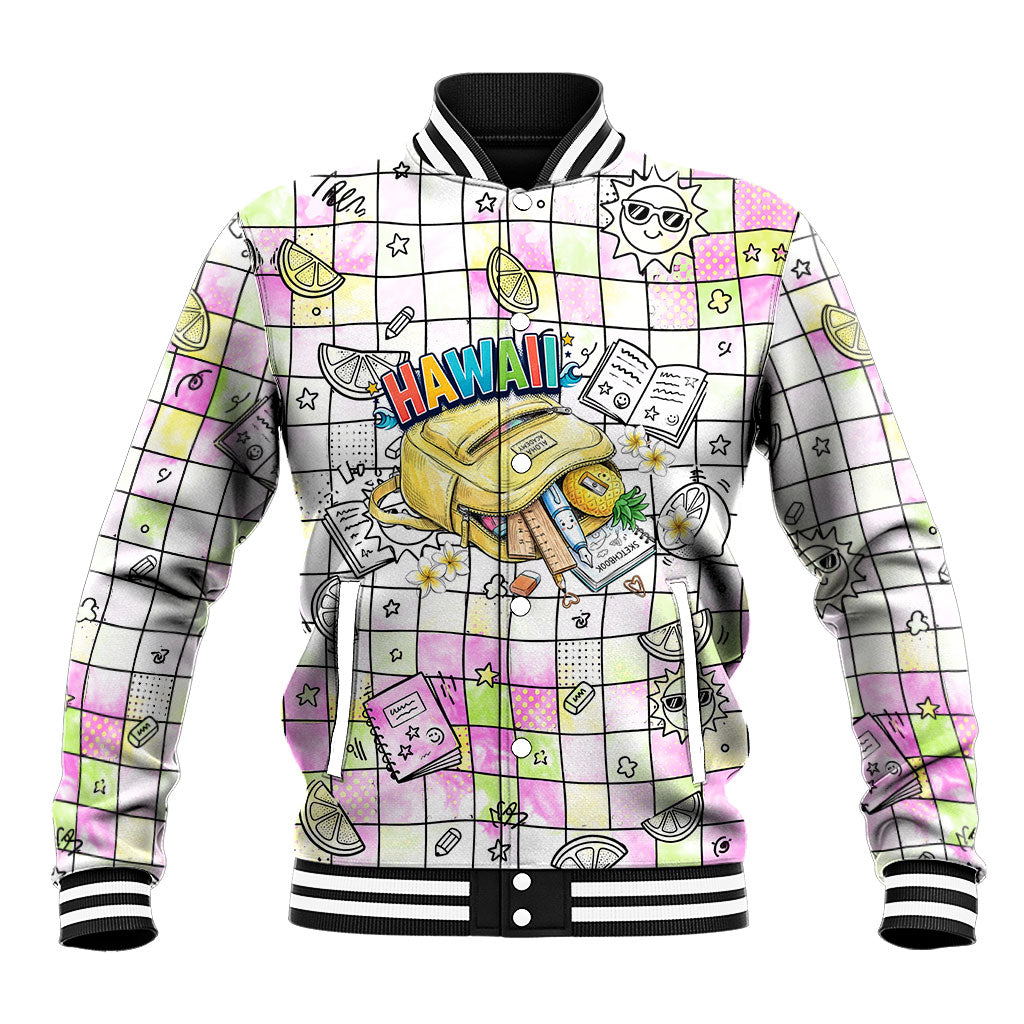 Hawaii Cruising Back To School Baseball Jacket Grid Pattern With School Bag And Vintage Surf Van