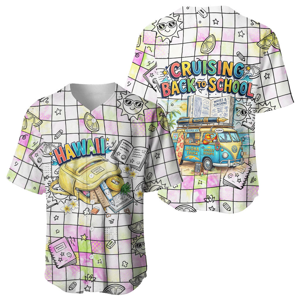 Hawaii Cruising Back To School Baseball Jersey Grid Pattern With School Bag And Vintage Surf Van