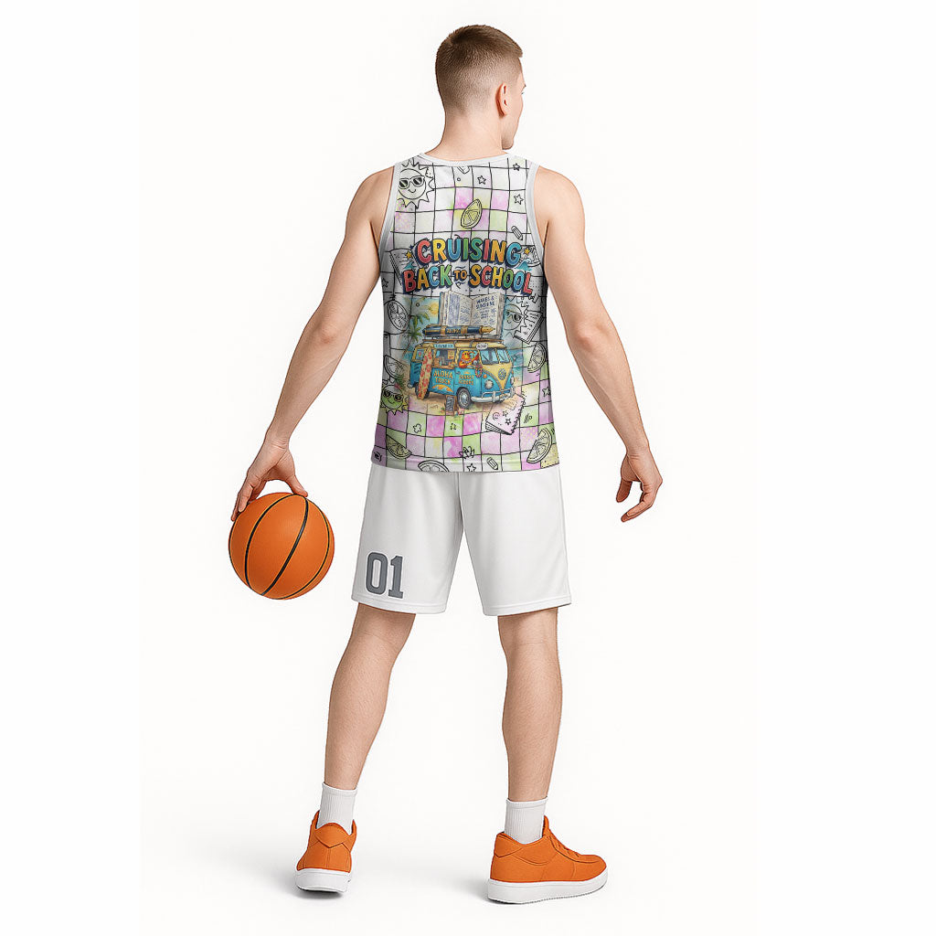 Hawaii Cruising Back To School Basketball Jersey Grid Pattern With School Bag And Vintage Surf Van