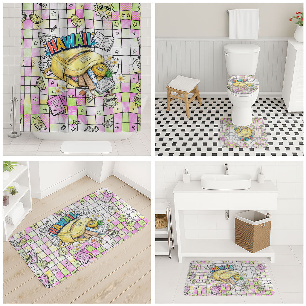 Hawaii Cruising Back To School Bathroom Set Grid Pattern With School Bag And Vintage Surf Van