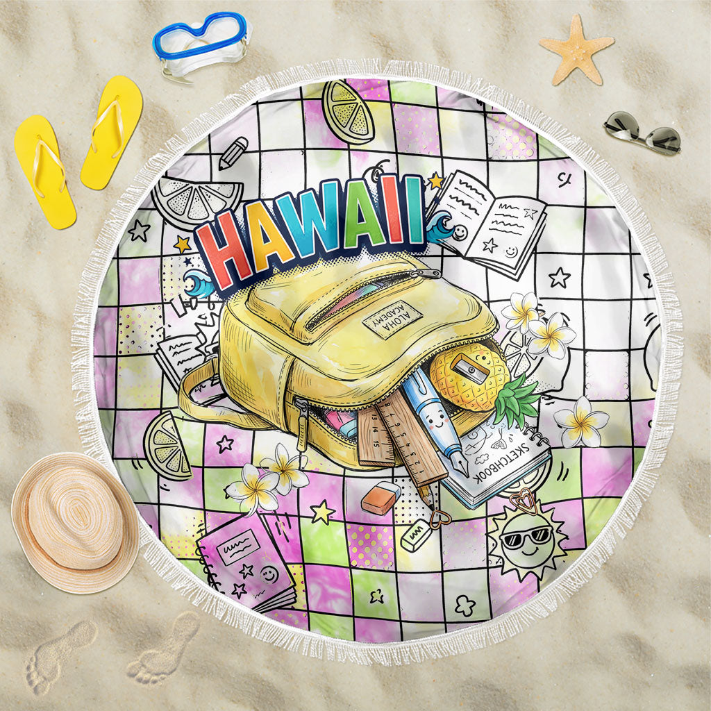 Hawaii Cruising Back To School Beach Blanket Grid Pattern With School Bag And Vintage Surf Van