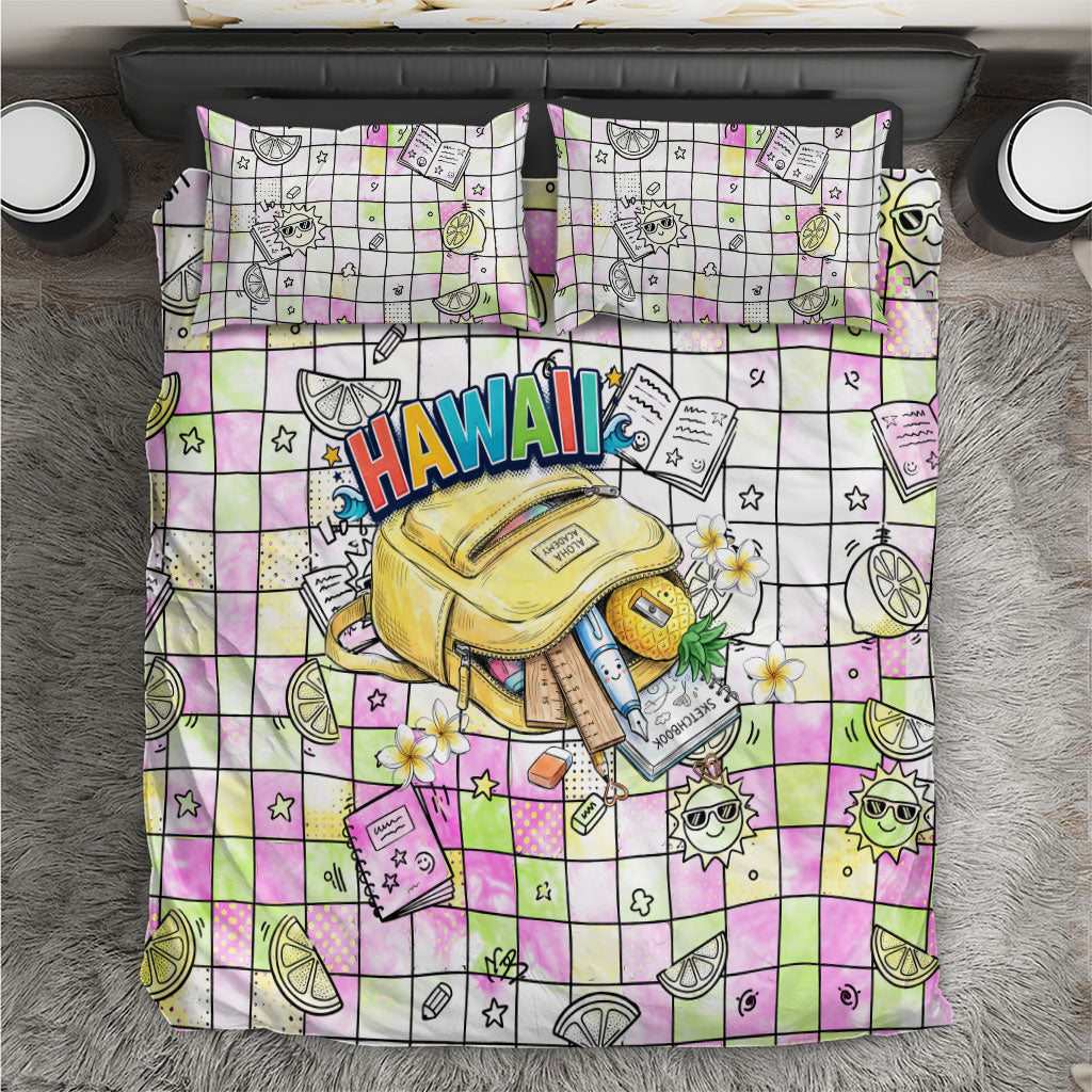 Hawaii Cruising Back To School Bedding Set Grid Pattern With School Bag And Vintage Surf Van