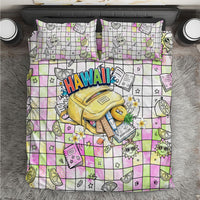 Hawaii Cruising Back To School Bedding Set Grid Pattern With School Bag And Vintage Surf Van