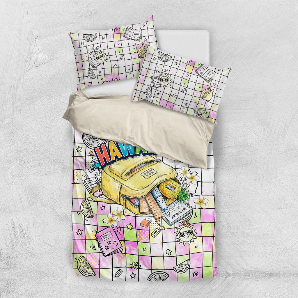 Hawaii Cruising Back To School Bedding Set Grid Pattern With School Bag And Vintage Surf Van