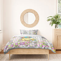 Hawaii Cruising Back To School Bedding Set Grid Pattern With School Bag And Vintage Surf Van