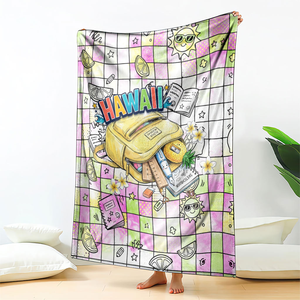 Hawaii Cruising Back To School Blanket Grid Pattern With School Bag And Vintage Surf Van