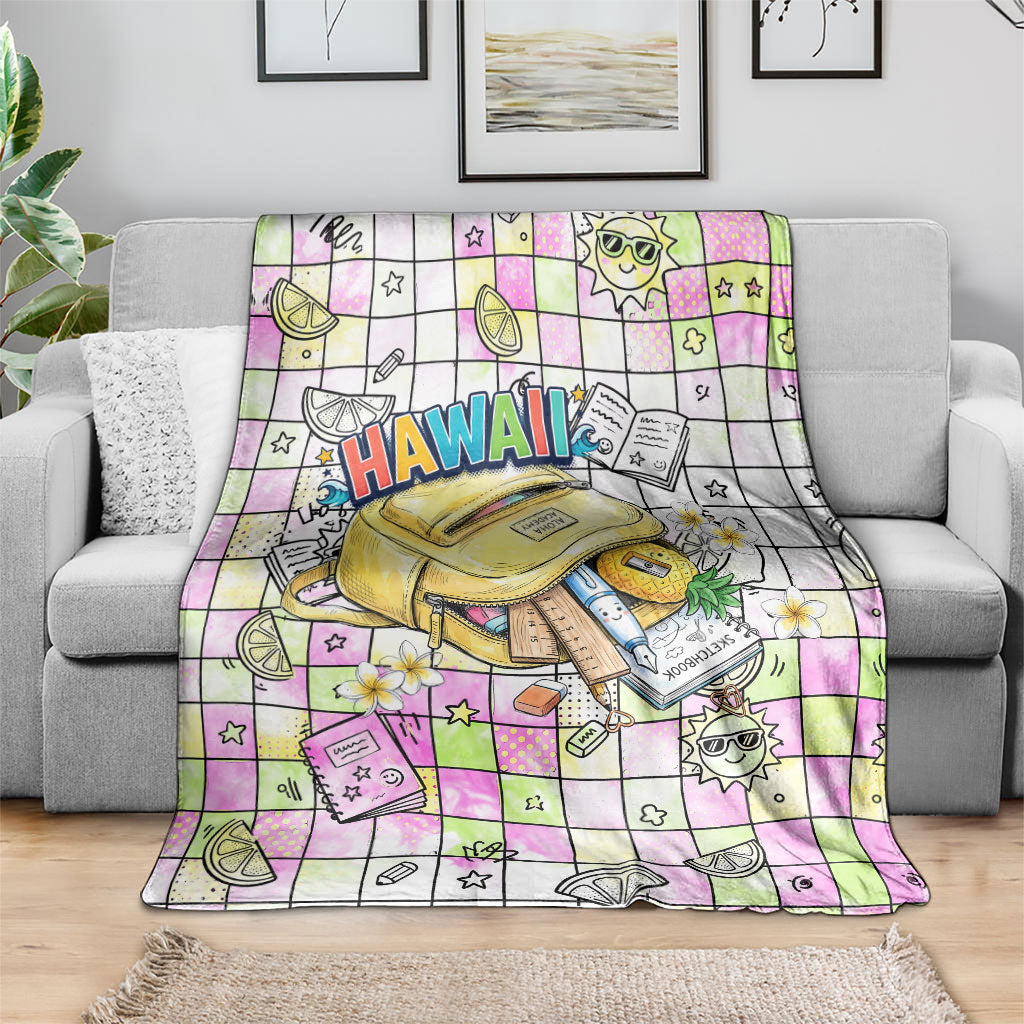 Hawaii Cruising Back To School Blanket Grid Pattern With School Bag And Vintage Surf Van