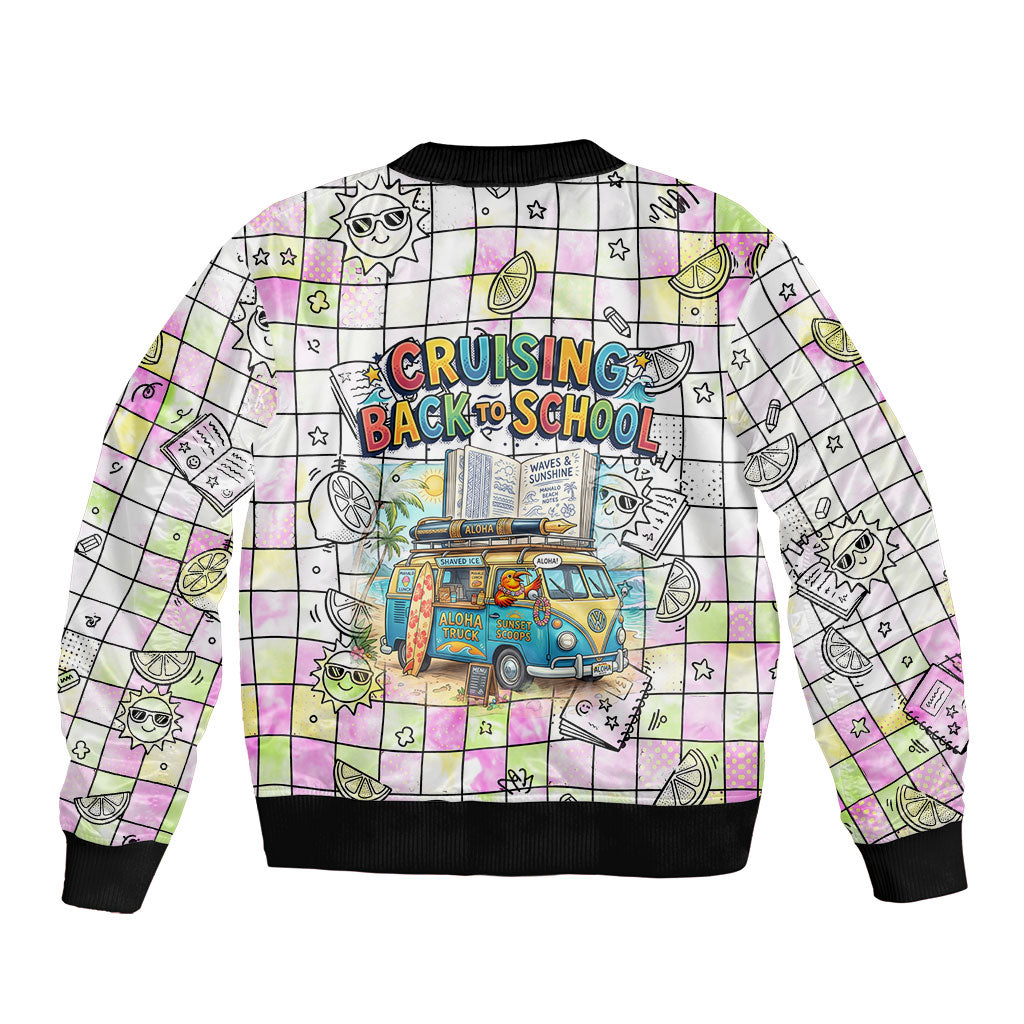 Hawaii Cruising Back To School Bomber Jacket Grid Pattern With School Bag And Vintage Surf Van