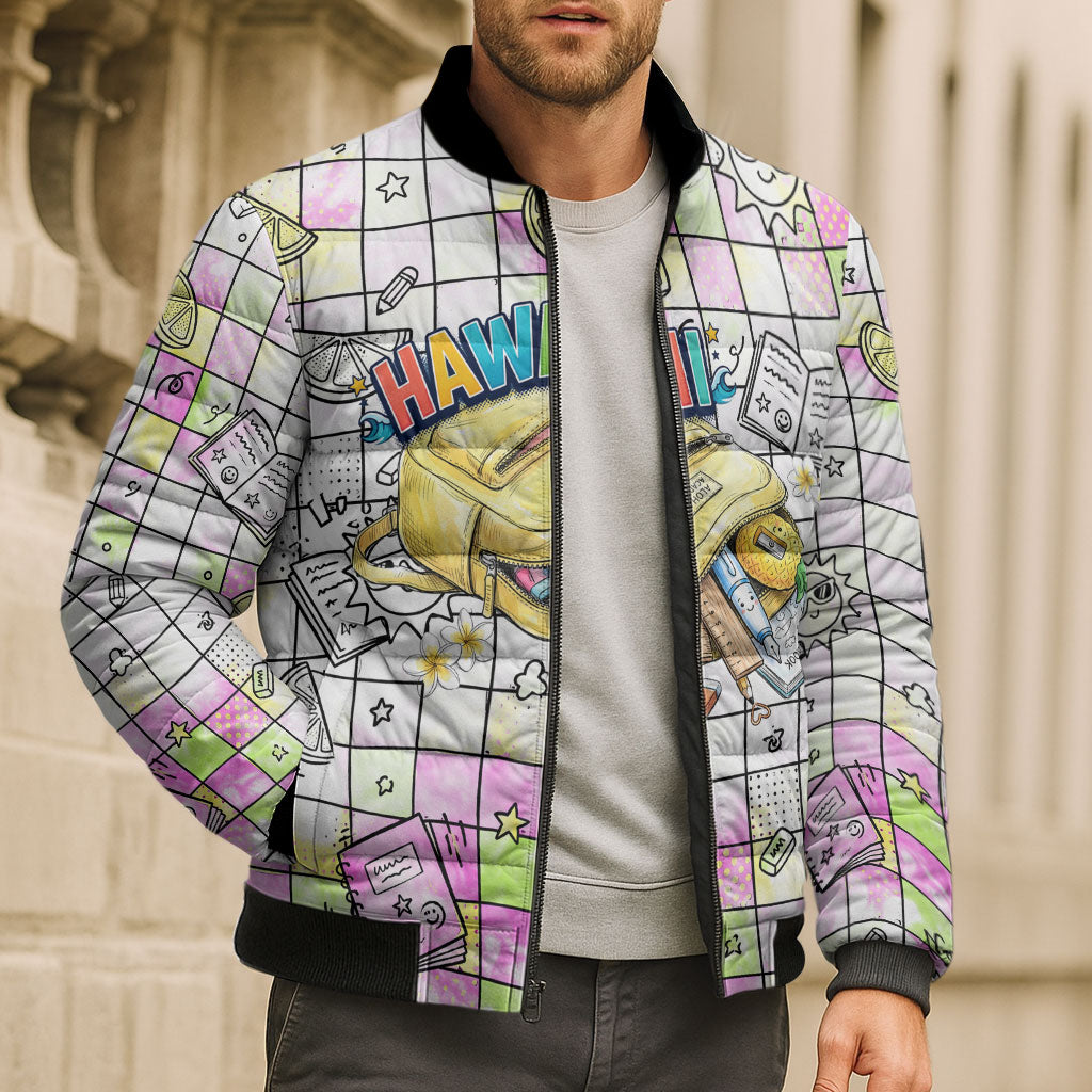 Hawaii Cruising Back To School Bomber Puffer Jacket Grid Pattern With School Bag And Vintage Surf Van