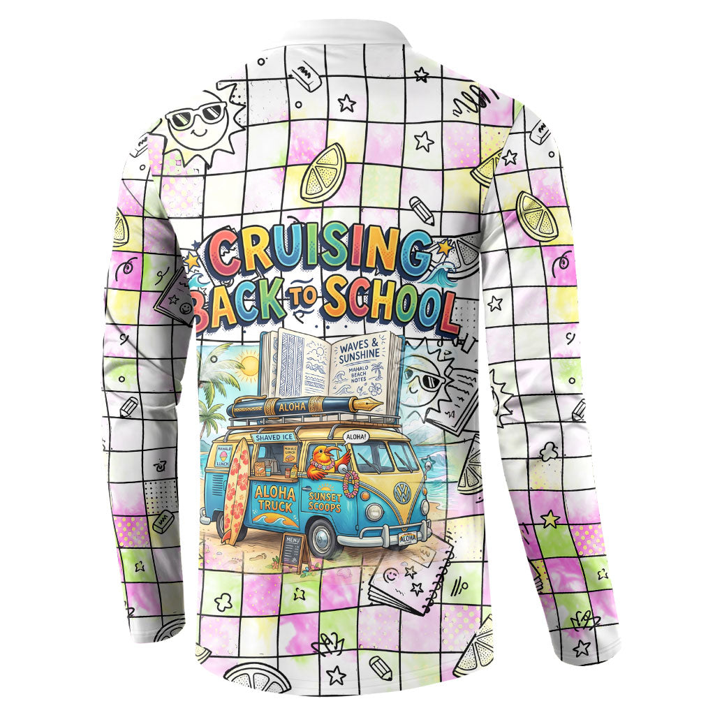 Hawaii Cruising Back To School Button Sweatshirt Grid Pattern With School Bag And Vintage Surf Van