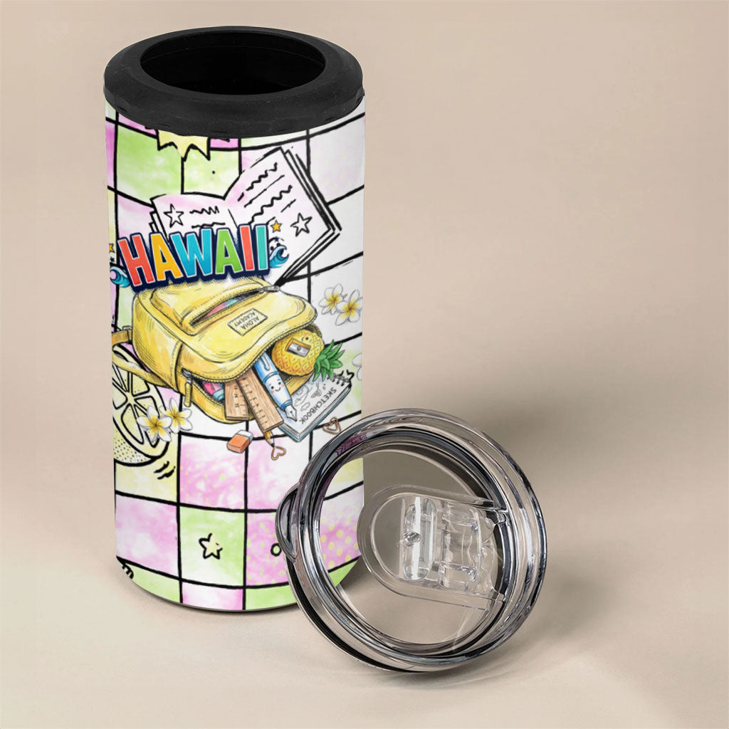 Hawaii Cruising Back To School 4 in 1 Can Cooler Tumbler Grid Pattern With School Bag And Vintage Surf Van