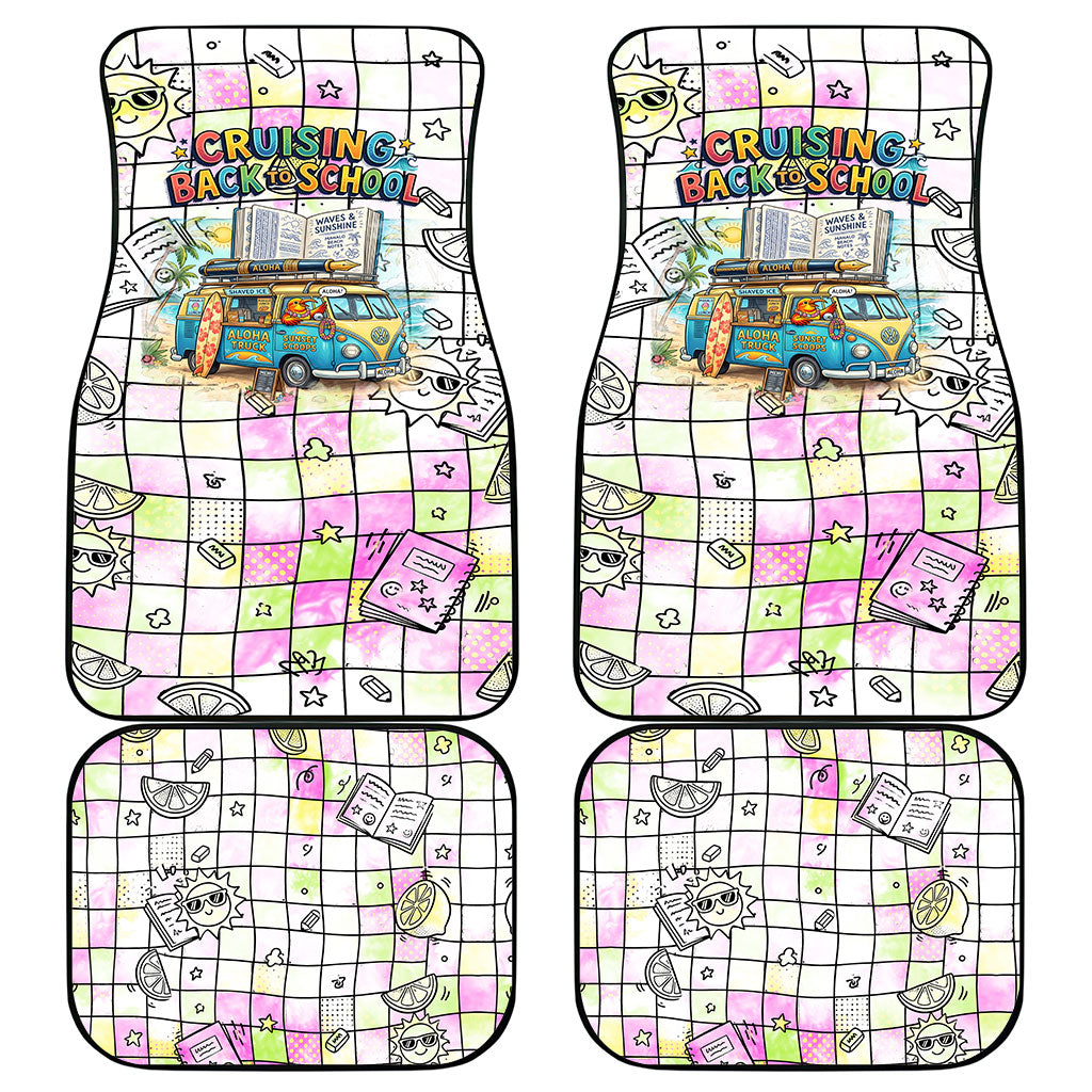 Hawaii Cruising Back To School Car Mats Grid Pattern With School Bag And Vintage Surf Van