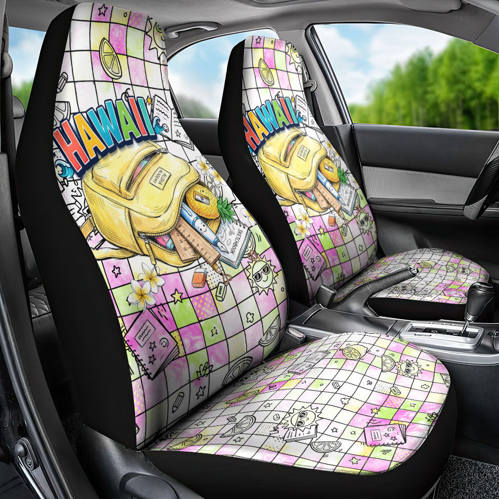 Hawaii Cruising Back To School Car Seat Cover Grid Pattern With School Bag And Vintage Surf Van