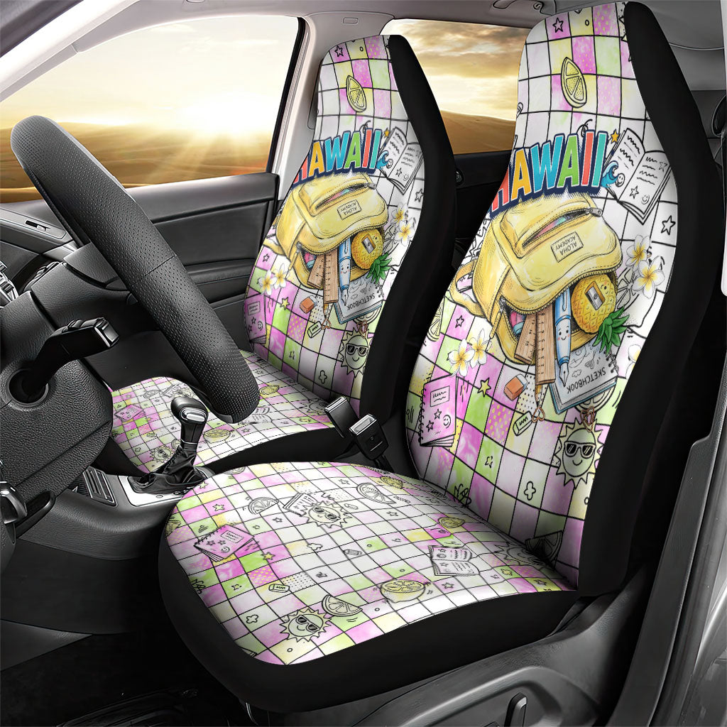 Hawaii Cruising Back To School Car Seat Cover Grid Pattern With School Bag And Vintage Surf Van