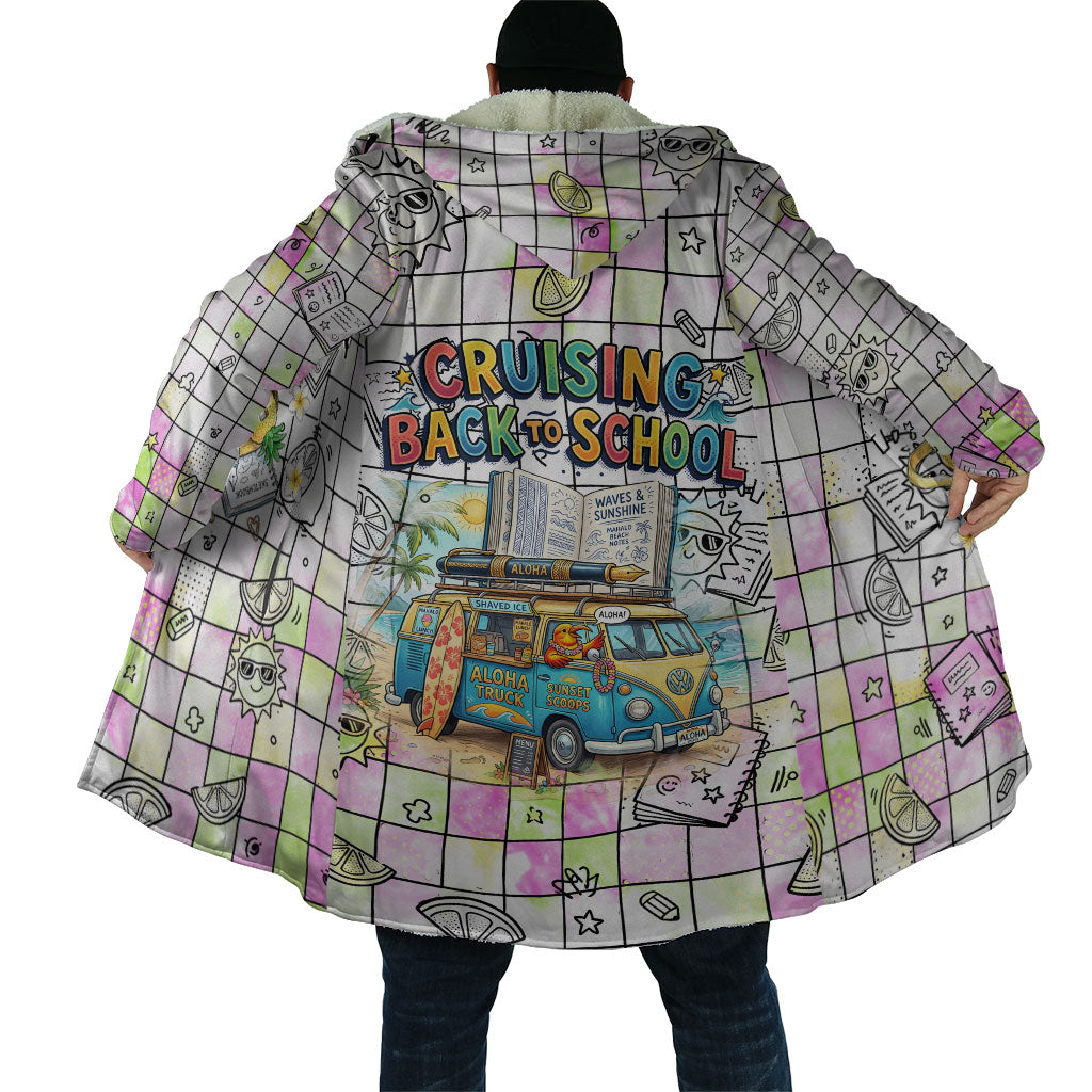 Hawaii Cruising Back To School Cloak Grid Pattern With School Bag And Vintage Surf Van