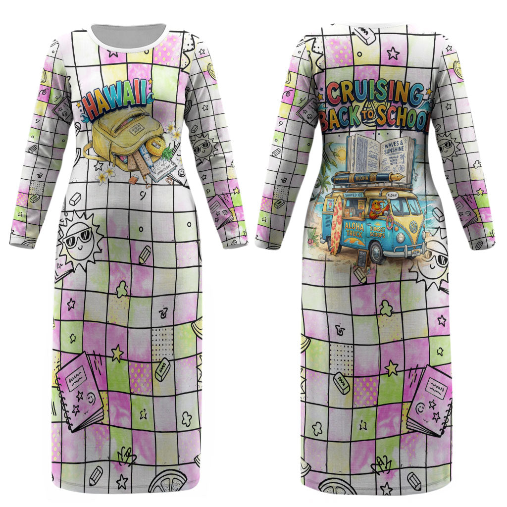 Hawaii Cruising Back To School Couples Matching Long Sleeve Bodycon Dress and Hawaiian Shirt Grid Pattern With School Bag And Vintage Surf Van