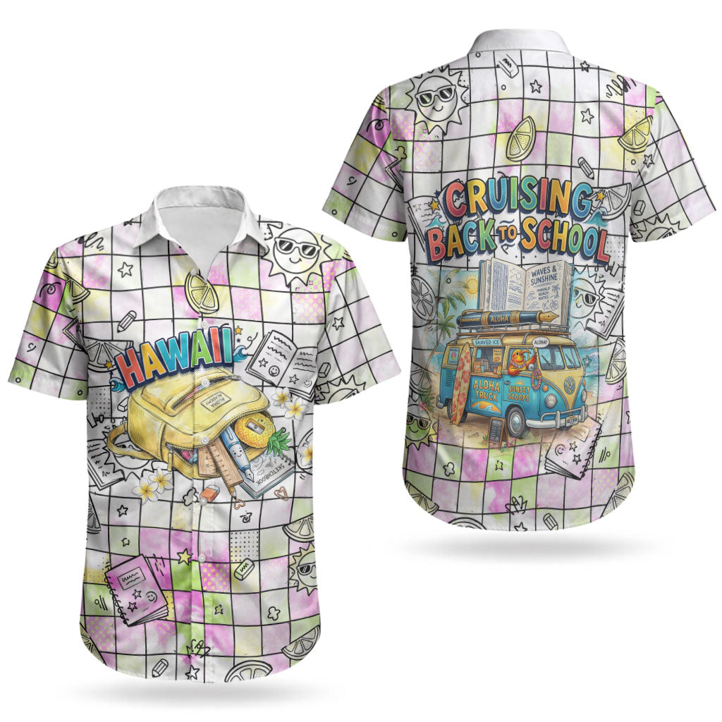 Hawaii Cruising Back To School Couples Matching Mermaid Dress and Hawaiian Shirt Grid Pattern With School Bag And Vintage Surf Van