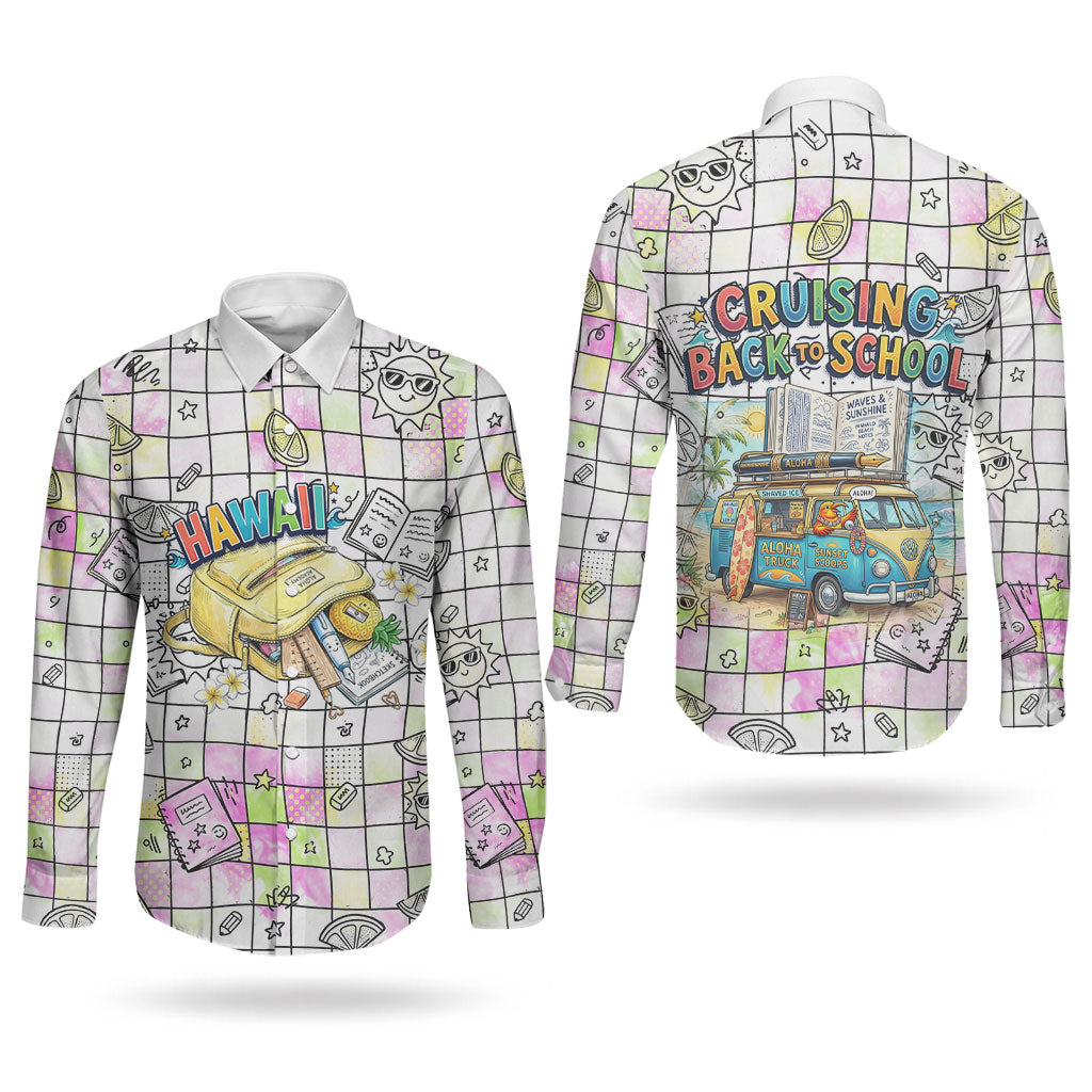 Hawaii Cruising Back To School Couples Matching Mermaid Dress and Long Sleeve Button Shirt Grid Pattern With School Bag And Vintage Surf Van